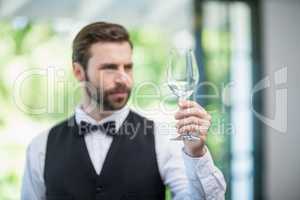 Male waiter holding wine glass in the restaurant