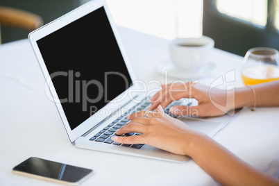 Woman using laptop in a restaurant
