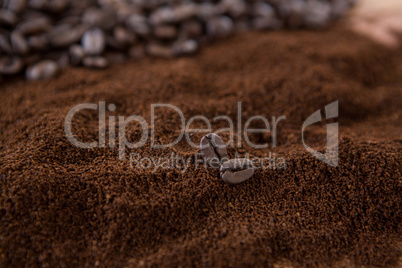 Two coffee beans on roasted coffee heap