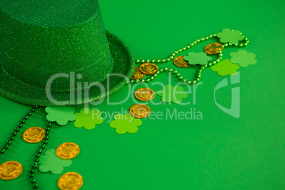 St. Patricks Day leprechaun hat, chocolate gold coins, beads and shamrocks