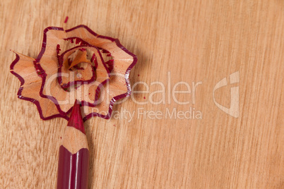 Close-up of maroon colored pencil with shavings
