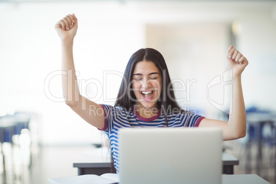 Excited schoolgirl sitting with laptop in classroom