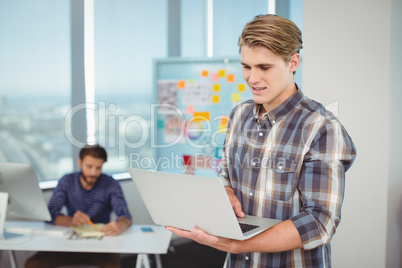 Male business executive using laptop