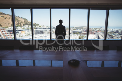 Male executive looking through window