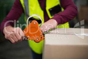 Factory worker sealing cardboard boxes