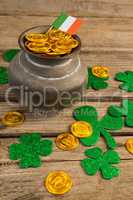 St. Patricks Day pot of chocolate gold coins with irish flag and shamrocks