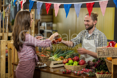 Smiling vendor giving tomatoes to woman at the counter