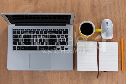 Cup of coffee with laptop, organizer, pencil and mouse