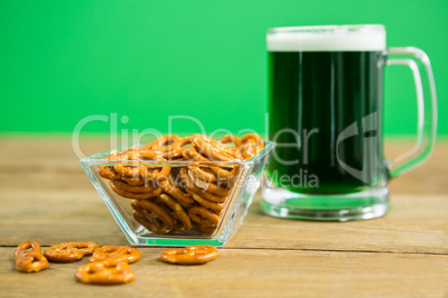 St Patricks Day beer with pretzel