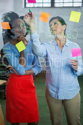 Female graphic designers writing on glass