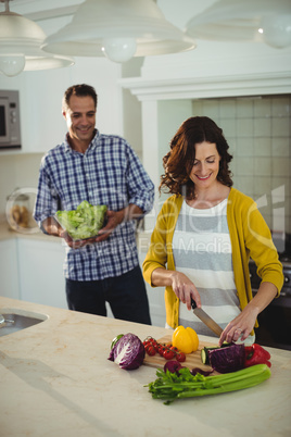 Smiling couple chopping vegetables in the kitchen