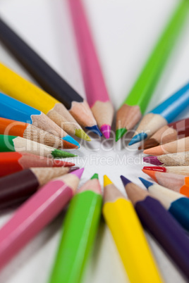 Close-up of colored pencils arranged in a circle