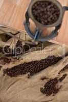Coffee beans on sack textile with coffee grinder