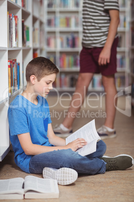 Attentive schoolboy reading book in library