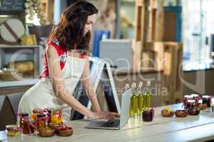 Female shop assistant using laptop at the counter