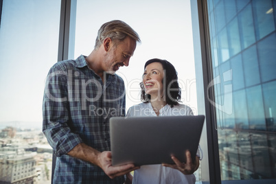 Executives using laptop near the window