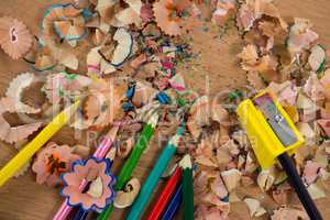 Colored shavings with colored pencils and sharpener