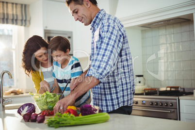 Parents and son preparing salad in the kitchen