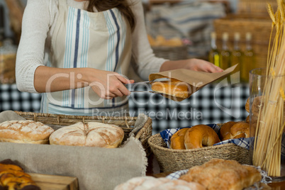 Mid section of female staff putting doughnut into a paper bag at counter