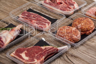 Varieties of meat in plastic boxes