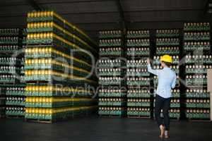 Female factory worker maintaining in factory