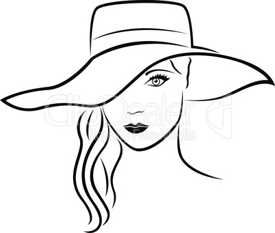 Beautiful young lady in wide-brimmed hat, hand drawing vector outline