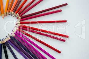 Colored pencils arranged in semi circle on white background