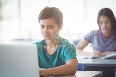 Schoolboy using laptop in classroom