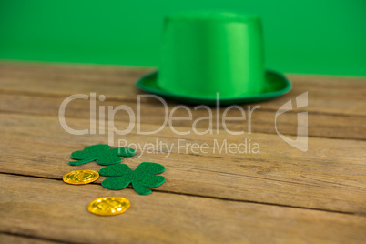 St Patricks Day leprechaun hat with shamrock and gold chocolate coin