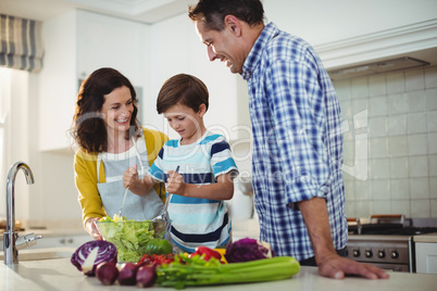 Parents and son mixing the salad in kitchen