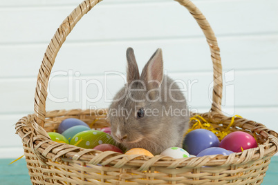 Colorful Easter eggs and Easter bunny in wicker basket
