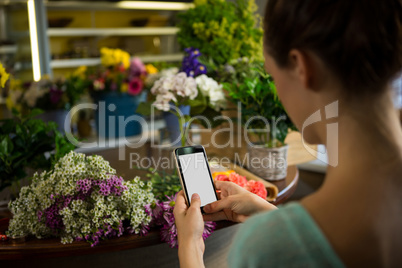 Woman taking photograph of flower bouquet