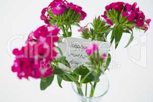 Bunch of pink roses with happy mothers day tag in flower vase