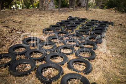 Boot camp with tyres obstacle course