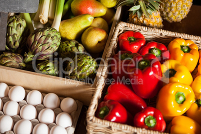 Various fruits, vegetables and eggs in organic section