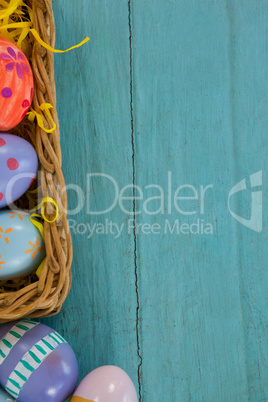 Various Easter eggs arranged in wicker basket