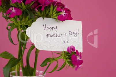 Close-up of happy mothers day card on flowers