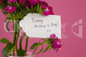 Close-up of happy mothers day card on flowers