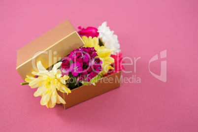Gift box full of flower against pink background