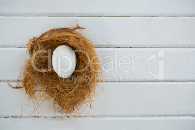 White egg in the nest on wooden surface