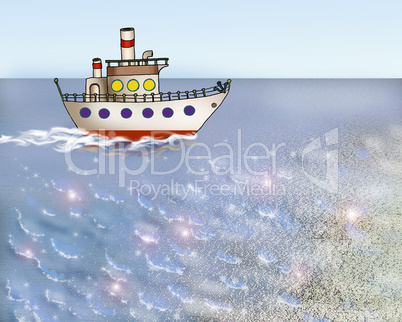 Small Cartoon Ship in the Calm Ocean