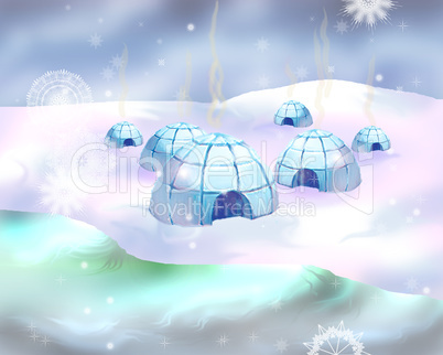 Polar Snowy Landscape with Igloo Icehouse