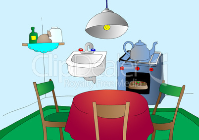 Cartoon Kitchen on Blue Background