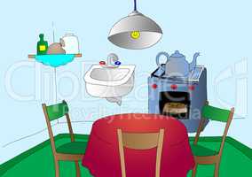 Cartoon Kitchen on Blue Background