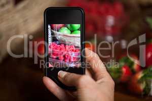Hand of woman taking photo of fruits