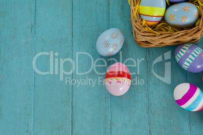 Various Easter eggs arranged in wicker basket