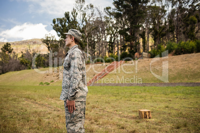 Military soldier standing at attention posture