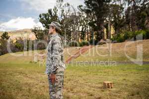 Military soldier standing at attention posture