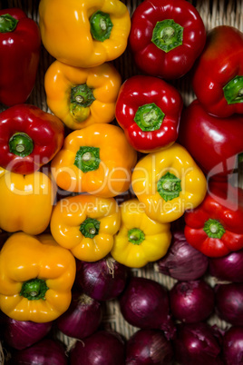 Close-up of wicker basket full of bell pepper