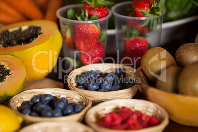 Various fruits in wicker basket